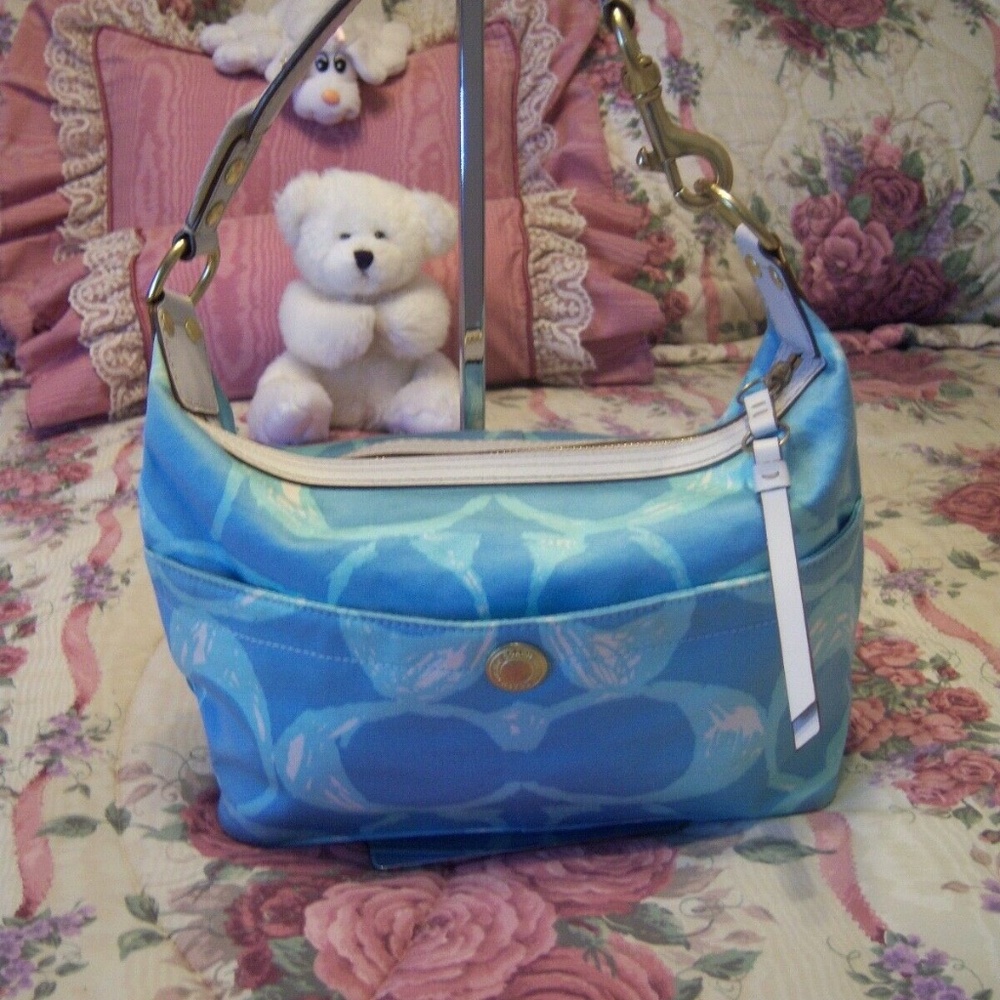 COACH SIGNATURE BLUE FABRIC HOBO SCRIBBLE HANDBAG